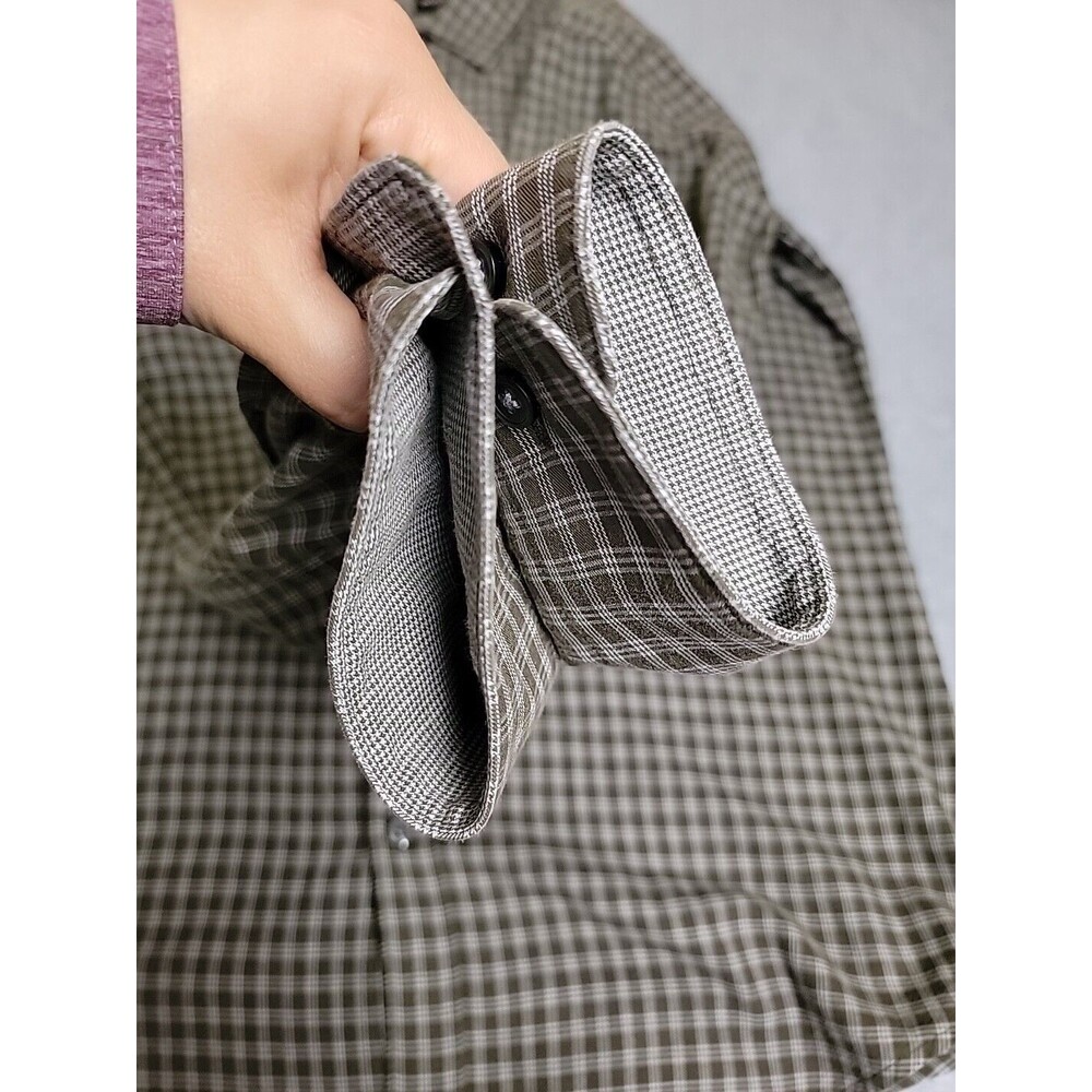 Hugo Boss Shirt Mens L Olive Green Black Plaid Slim Cotton Preppy‎ Flip Cuffs - Picture 8 of 13
